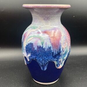 Studio Pottery Hand Signed Crystalline Drip Glaze Vase Blue Purple Green 6 inch